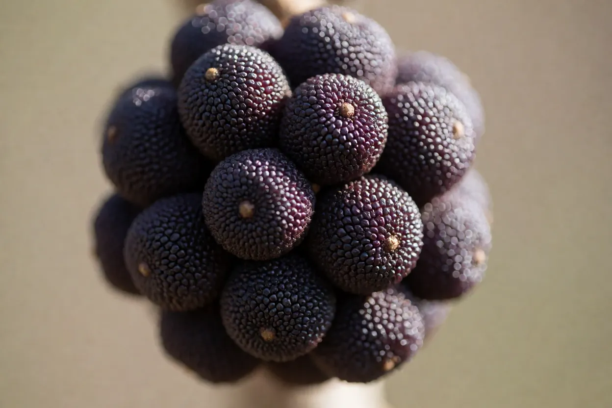 Close-up dos frutos roxo-pretos da fruta-de-pombo
