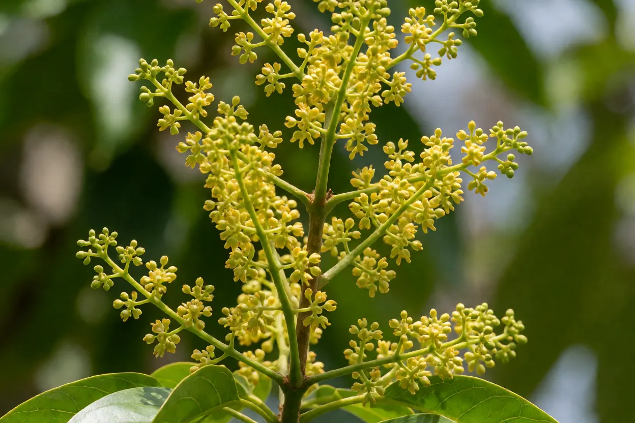 Flores amarelo-esverdeadas da fruta-de-pombo em panículas