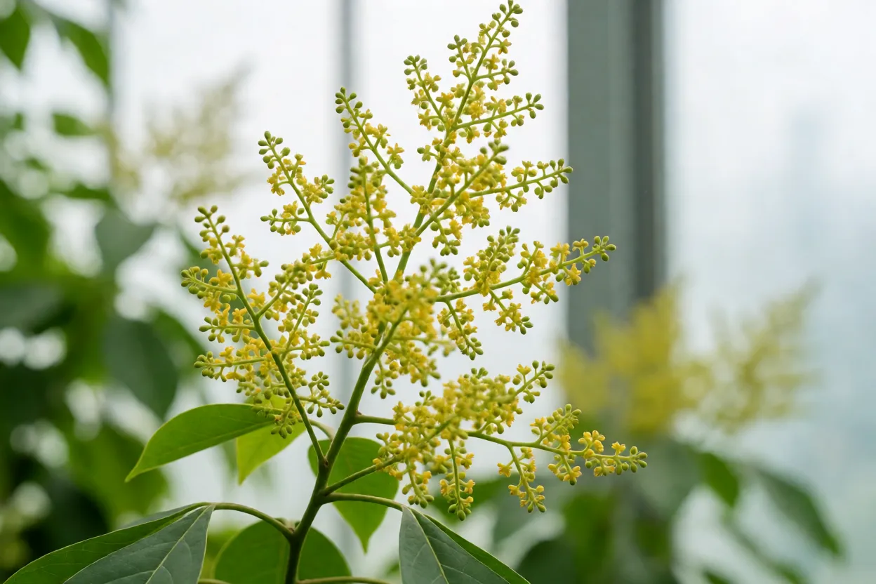 Flores amarelo-esverdeadas da fruta-de-pombo em panículas