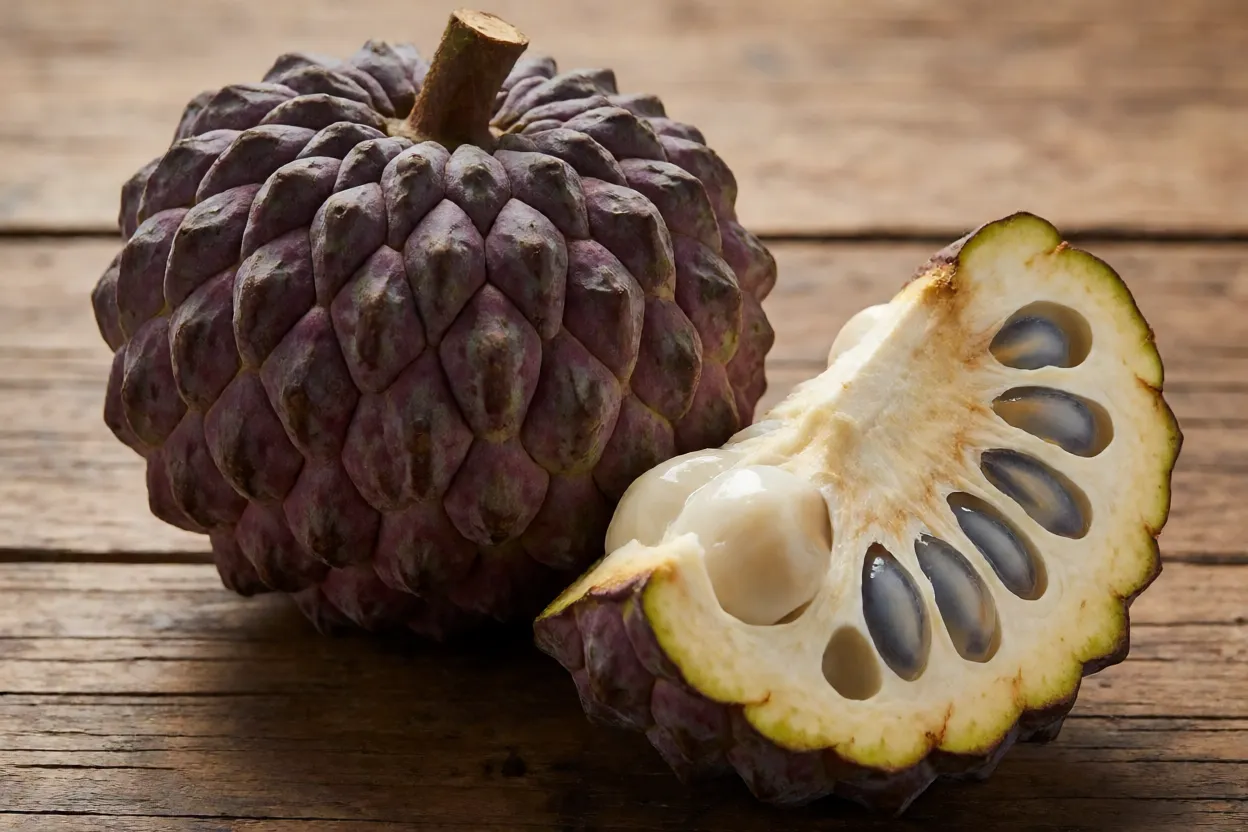 Fruta-do-conde-roxa inteira e cortada ao meio mostrando polpa branca e sementes pretas