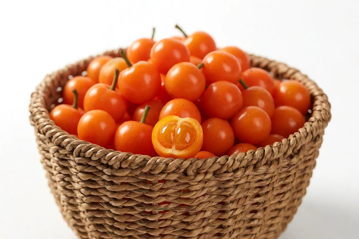 Cesto com colheita de fruta-do-sabiá e fruto cortado mostrando polpa