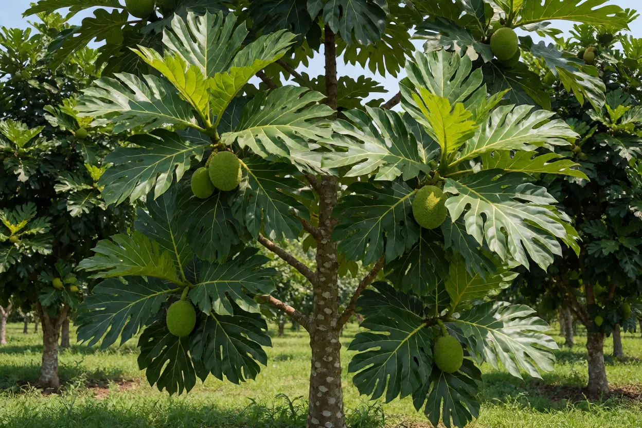 Árvore de fruta-pão carregada de frutos verdes com folhas grandes recortadas