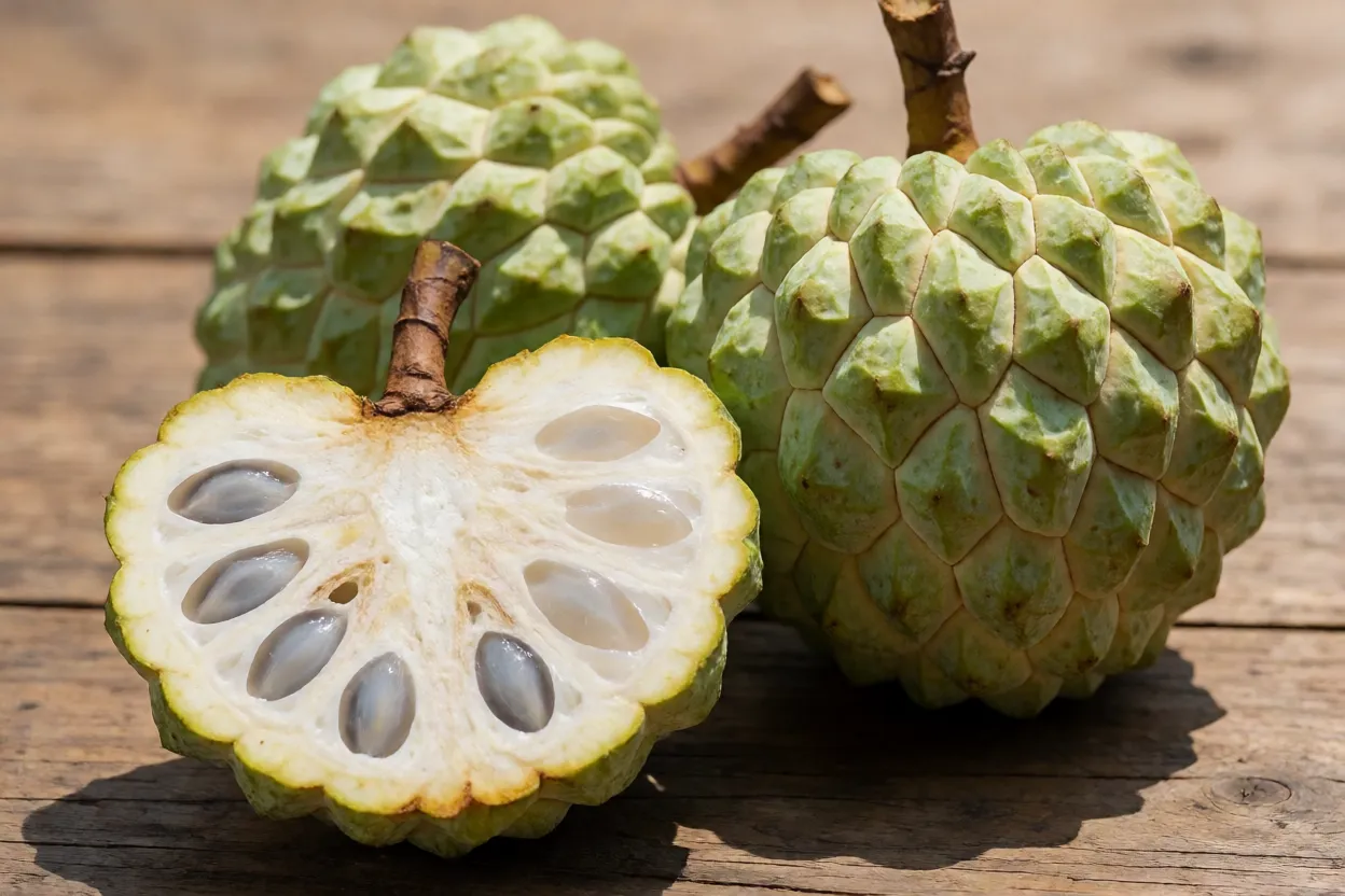 Fruta-pinha inteira e cortada ao meio mostrando polpa branca e sementes pretas