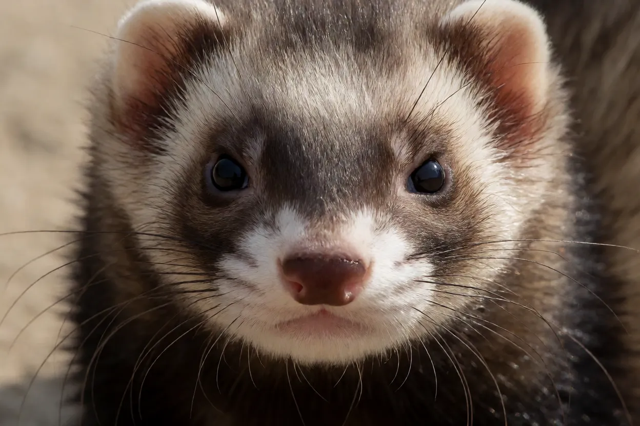 Rosto de furão em close mostrando máscara facial e bigodes