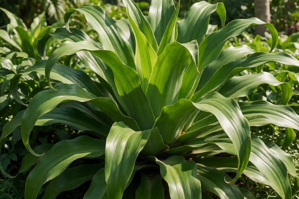 Furcréia adulta com grande roseta de folhas verdes em jardim ensolarado