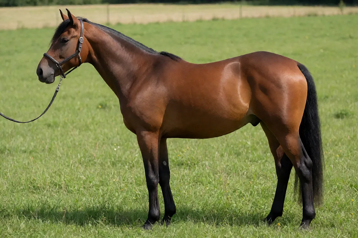 Cavalo Furioso-North Star adulto de pelagem castanha em vista lateral na pastagem