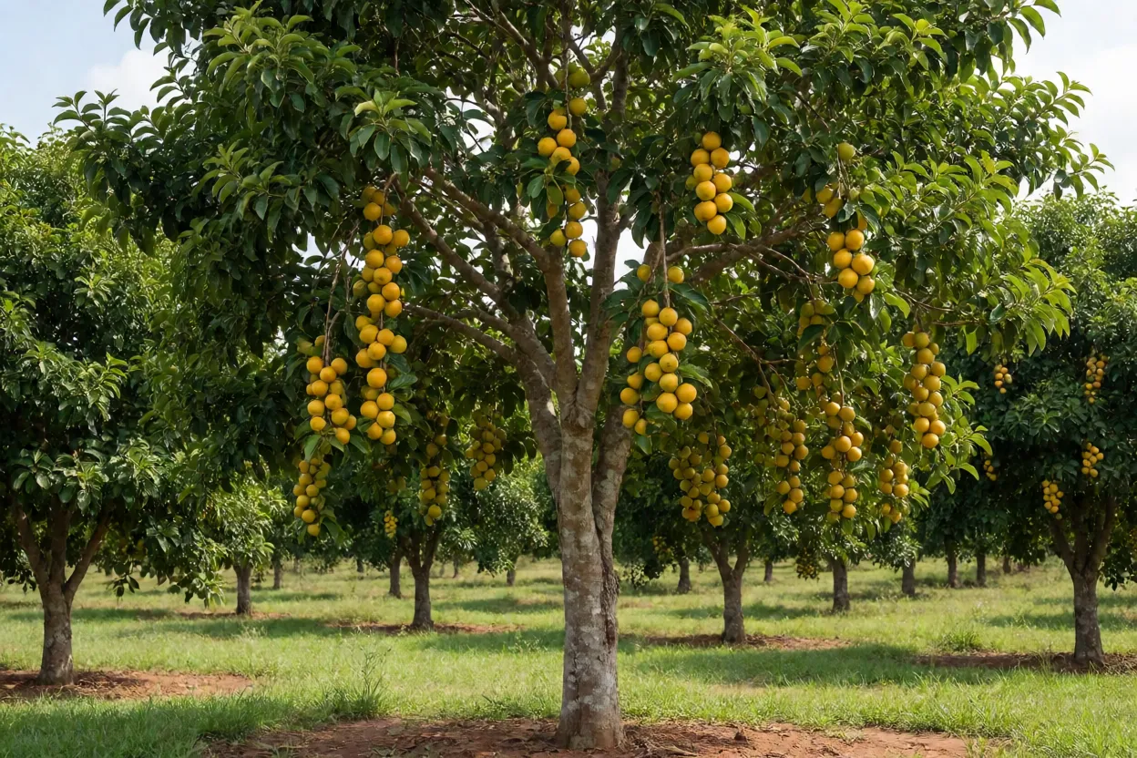 Árvore de gabiroba carregada de frutos maduros no pomar