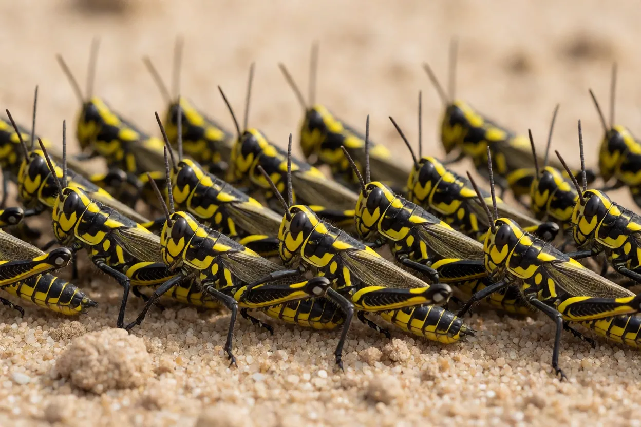 Bando de ninfas de gafanhoto-peregrino pretas com manchas amarelas marchando no solo