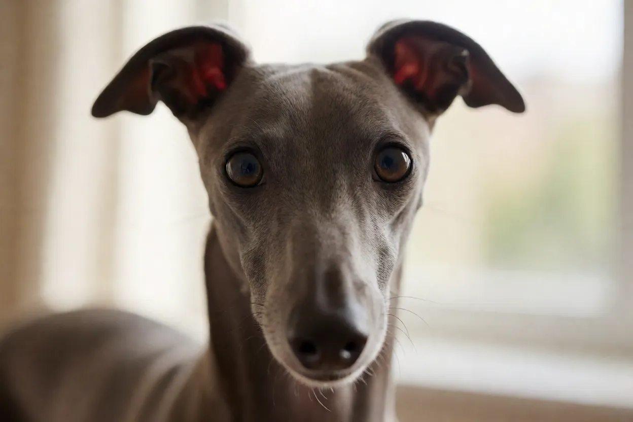 Retrato em close do rosto do Galgo Inglês com focinho longo e orelhas em rosa
