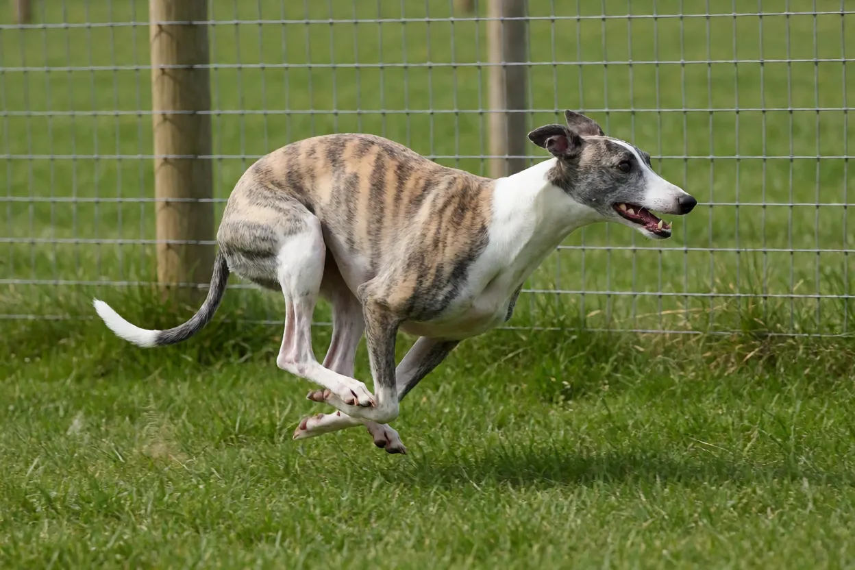 Galgo Inglês correndo em alta velocidade em campo gramado cercado