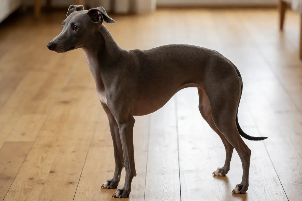 Galgo Italiano adulto de pelagem cinza em p&eacute;, mostrando o corpo esguio e as orelhas dobradas para tr&aacute;s