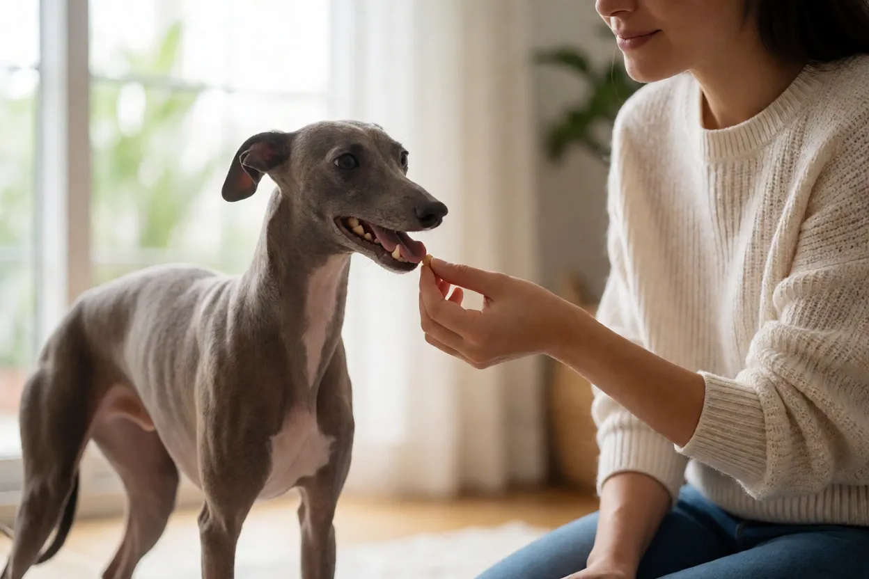 Tutor premiando um Galgo Italiano com petisco durante o treino