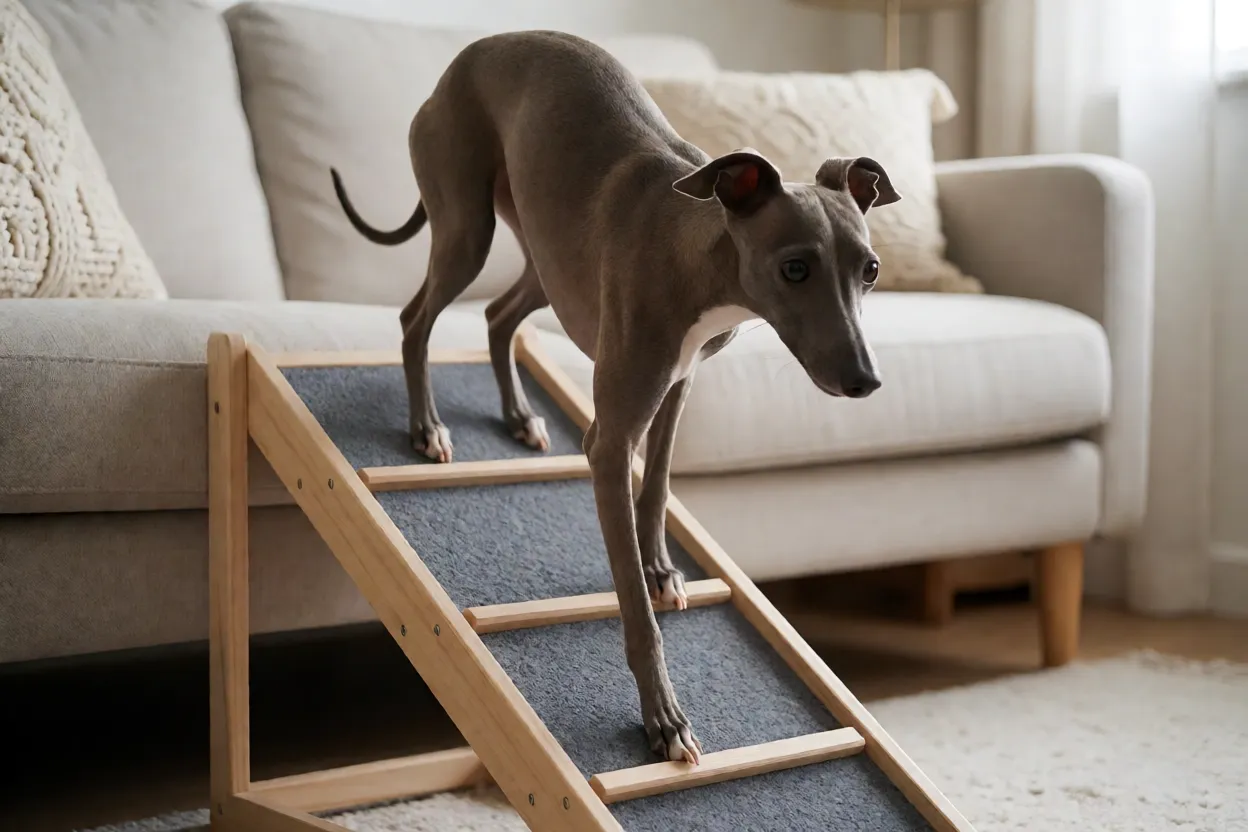 Galgo Italiano descendo uma rampa pequena ao lado do sof&aacute;
