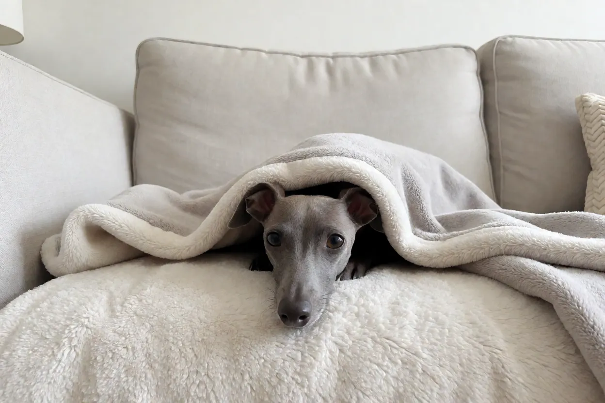 Galgo Italiano aninhado debaixo de um cobertor no sof&aacute;