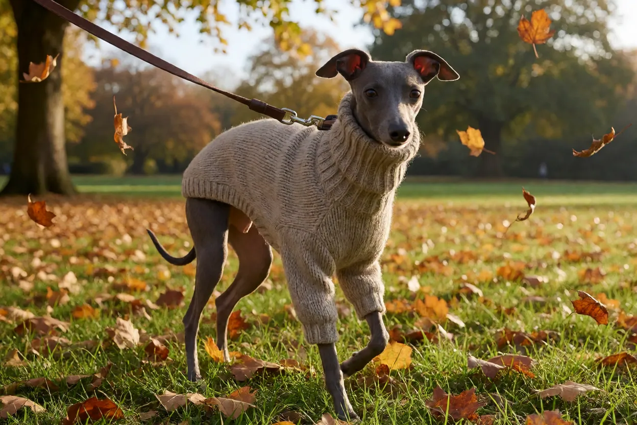 Galgo Italiano vestindo um casaco de tric&ocirc; em um passeio no outono