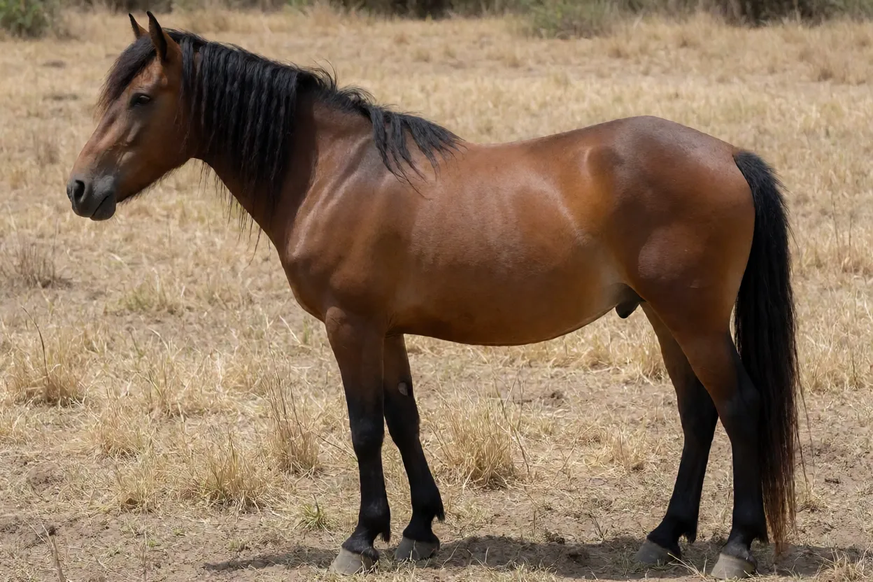 Cavalo Galiceno adulto baio de perfil em pasto mexicano
