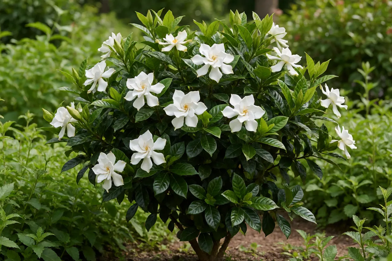 Gardênia-do-cabo arbusto adulto com flores brancas no jardim