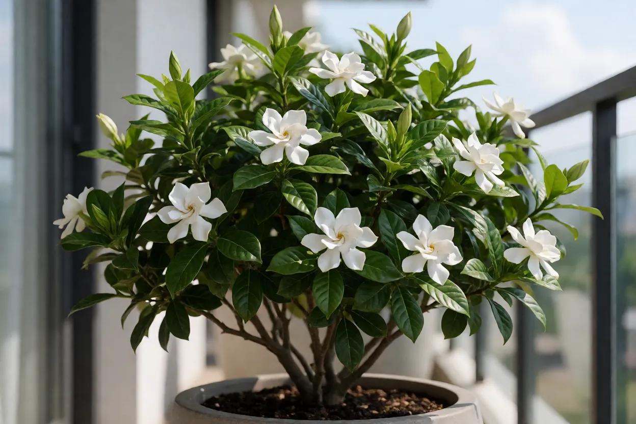Gardênia-do-cabo: características, perfume, floração e como cultivar Gardênia-do-cabo cultivada em vaso em varanda