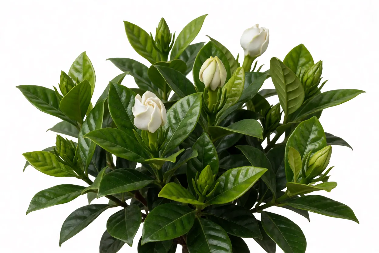 Gardênia-do-cabo: características, perfume, floração e como cultivar Folhas e botões de gardênia-do-cabo em close