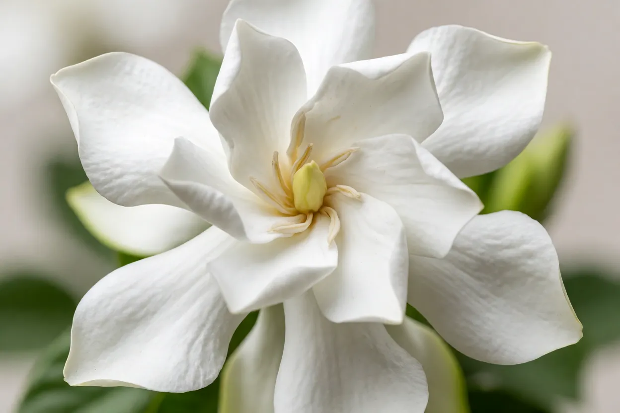 Gardênia-do-cabo: características, perfume, floração e como cultivar Flor de gardênia-do-cabo aberta mostrando pétalas cerosas