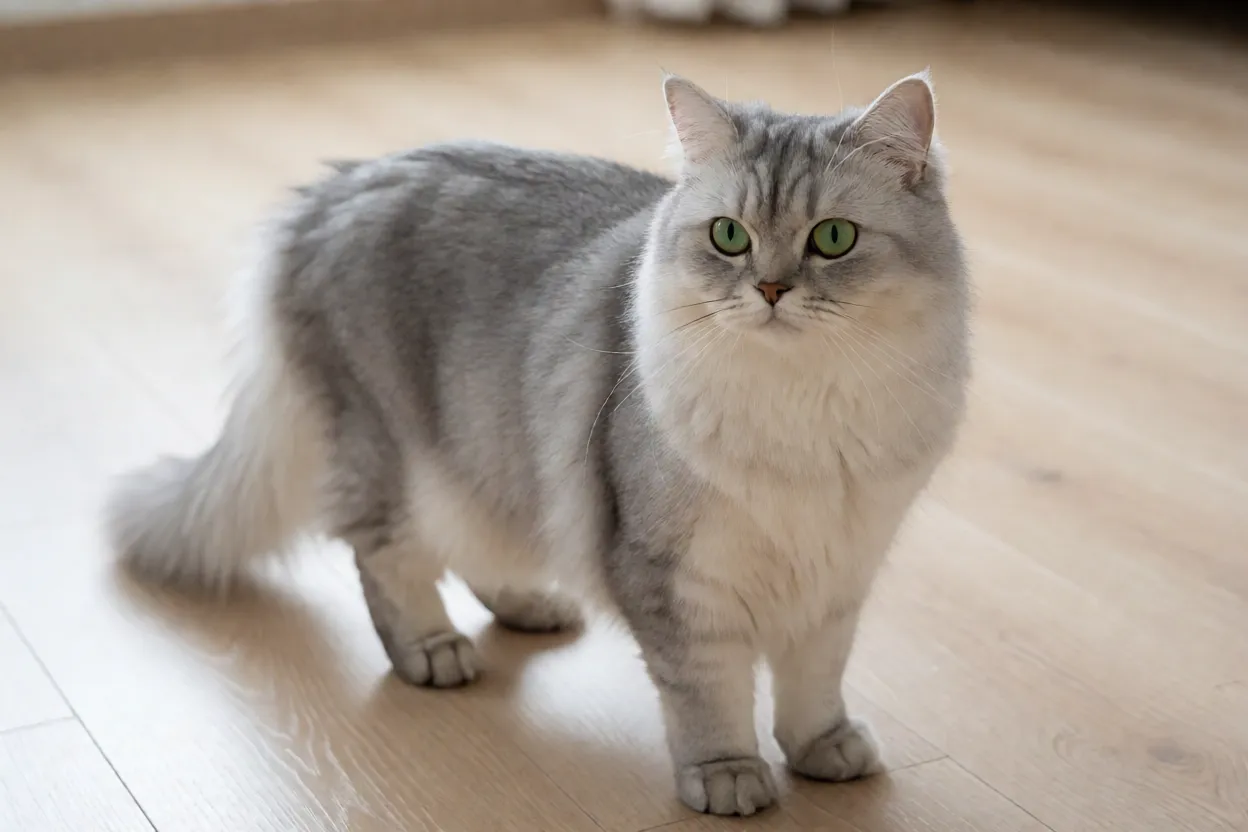 Gato Asiático de Pelo Semilongo adulto de corpo inteiro com pelagem prateada semilonga e cauda emplumada