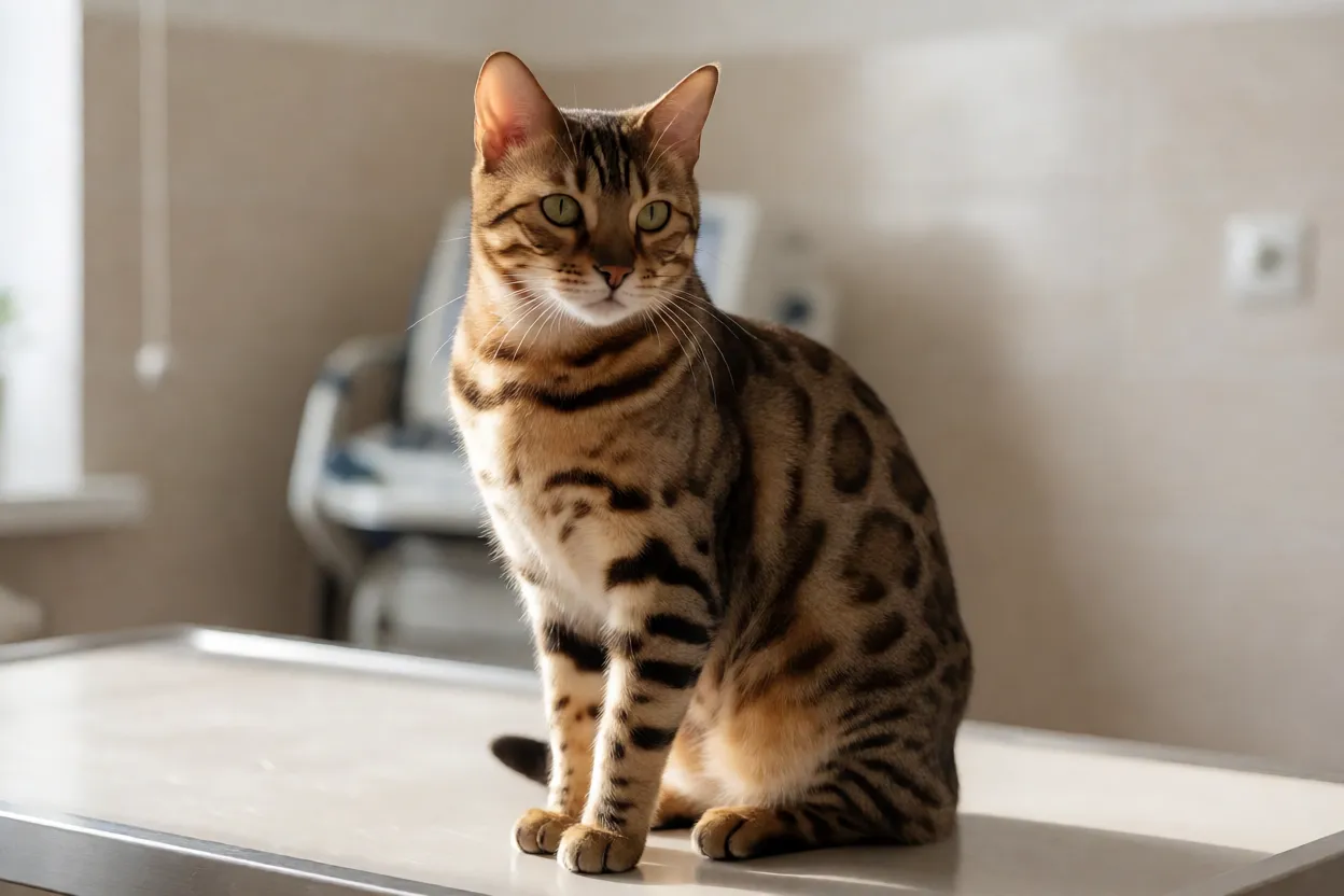 Gato bengal em consulta veterin&aacute;ria de rotina