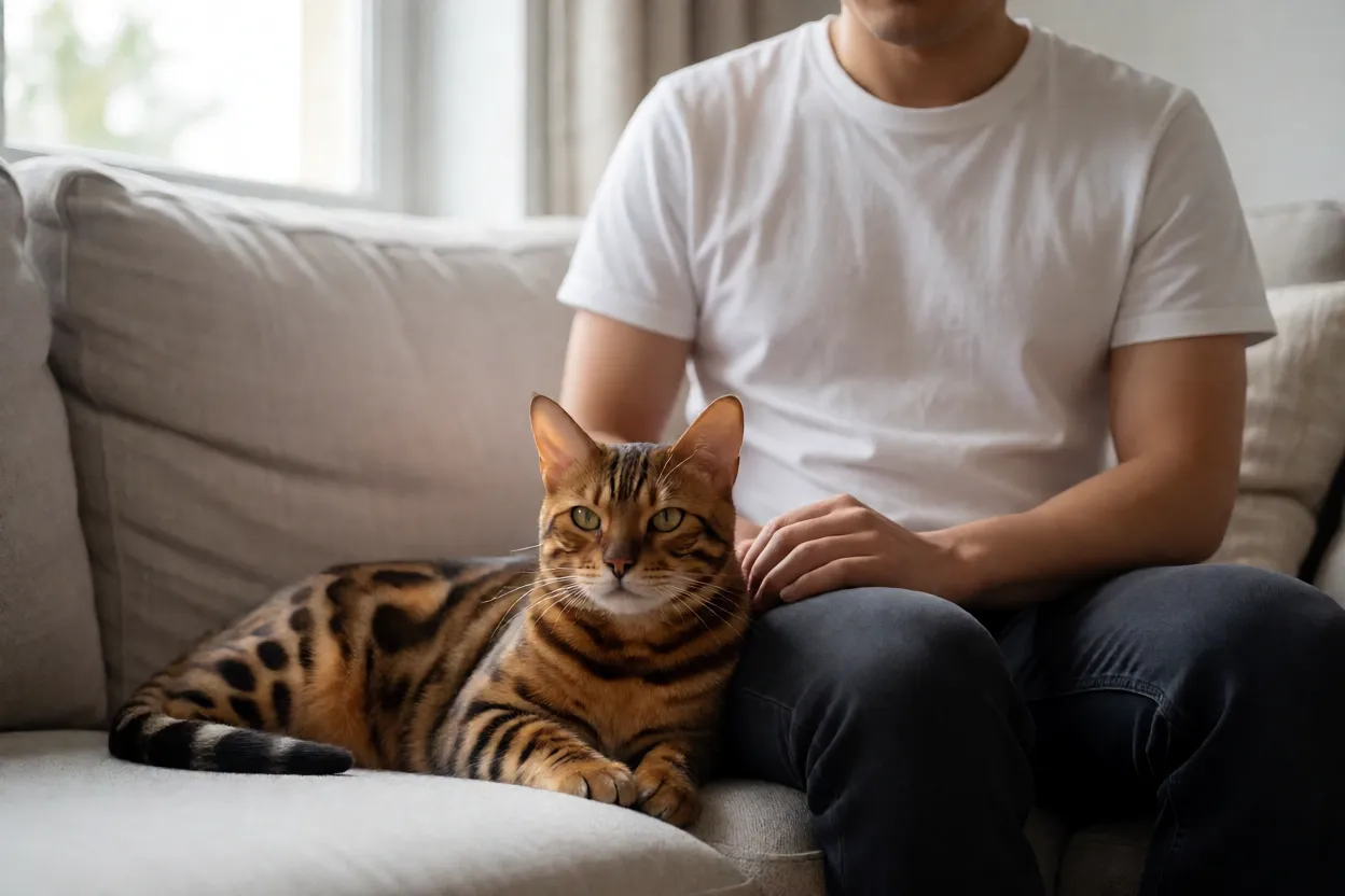 Gato bengal relaxado ao lado de tutor em sof&aacute;
