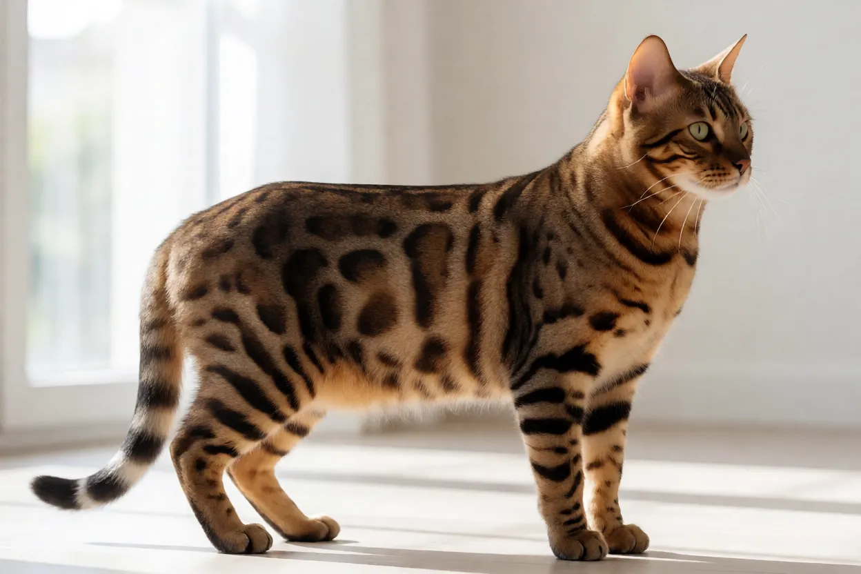 Gato bengal adulto de porte m&eacute;dio-grande em p&eacute;