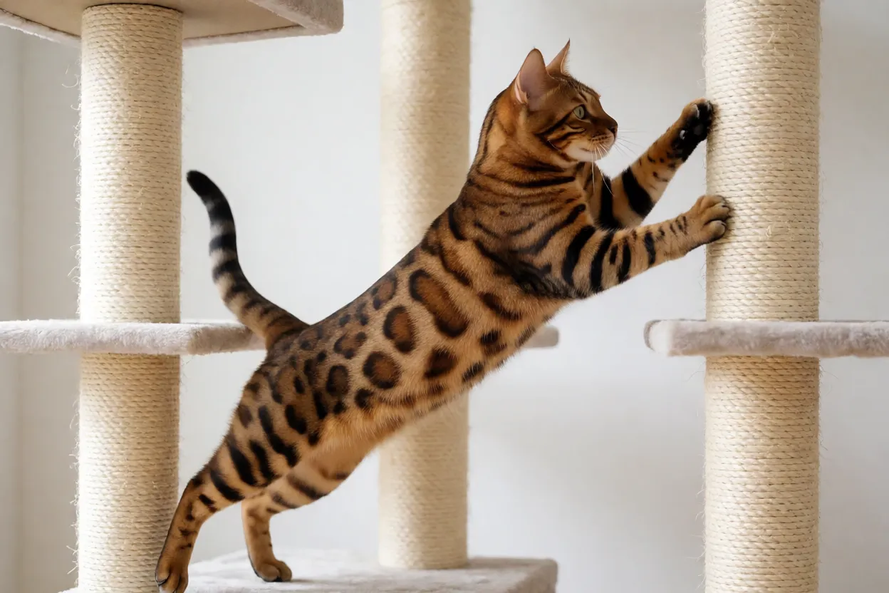 Gato bengal pulando ou escalando arranhador alto
