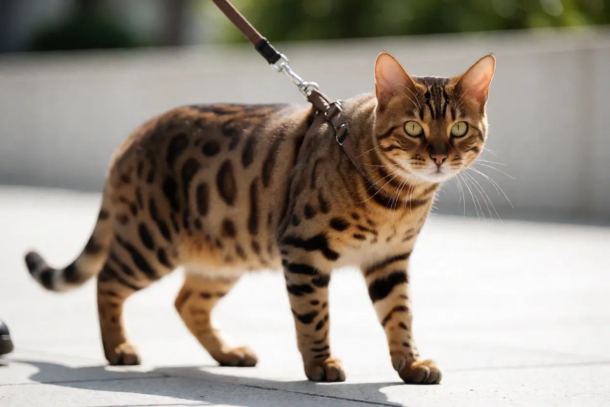 Gato bengal andando com guia e peitoral