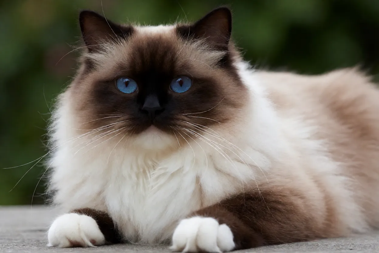 Gato Birman&ecirc;s seal point deitado mostrando as luvas brancas e olhos azuis