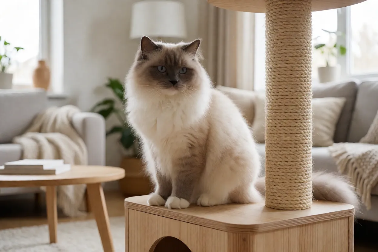 Ambiente dom&eacute;stico preparado para gato Birman&ecirc;s com arranhador e prateleiras