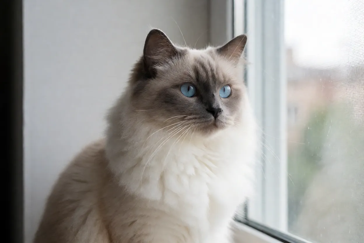 Gato Birman&ecirc;s observando a janela de forma atenta