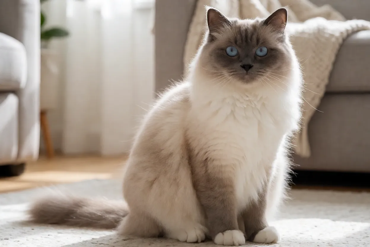 Gato Birman&ecirc;s adulto relaxado em ambiente dom&eacute;stico acolhedor