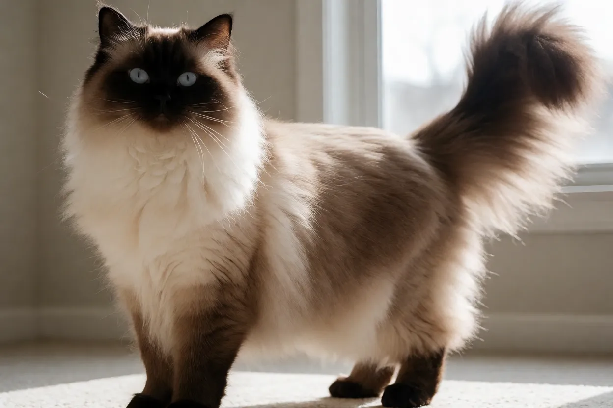 Gato Birman&ecirc;s de corpo inteiro mostrando estrutura muscular e pelagem sedosa
