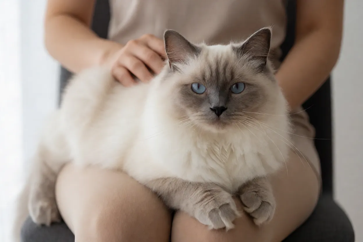 Gato Birman&ecirc;s no colo de uma pessoa mostrando afeto