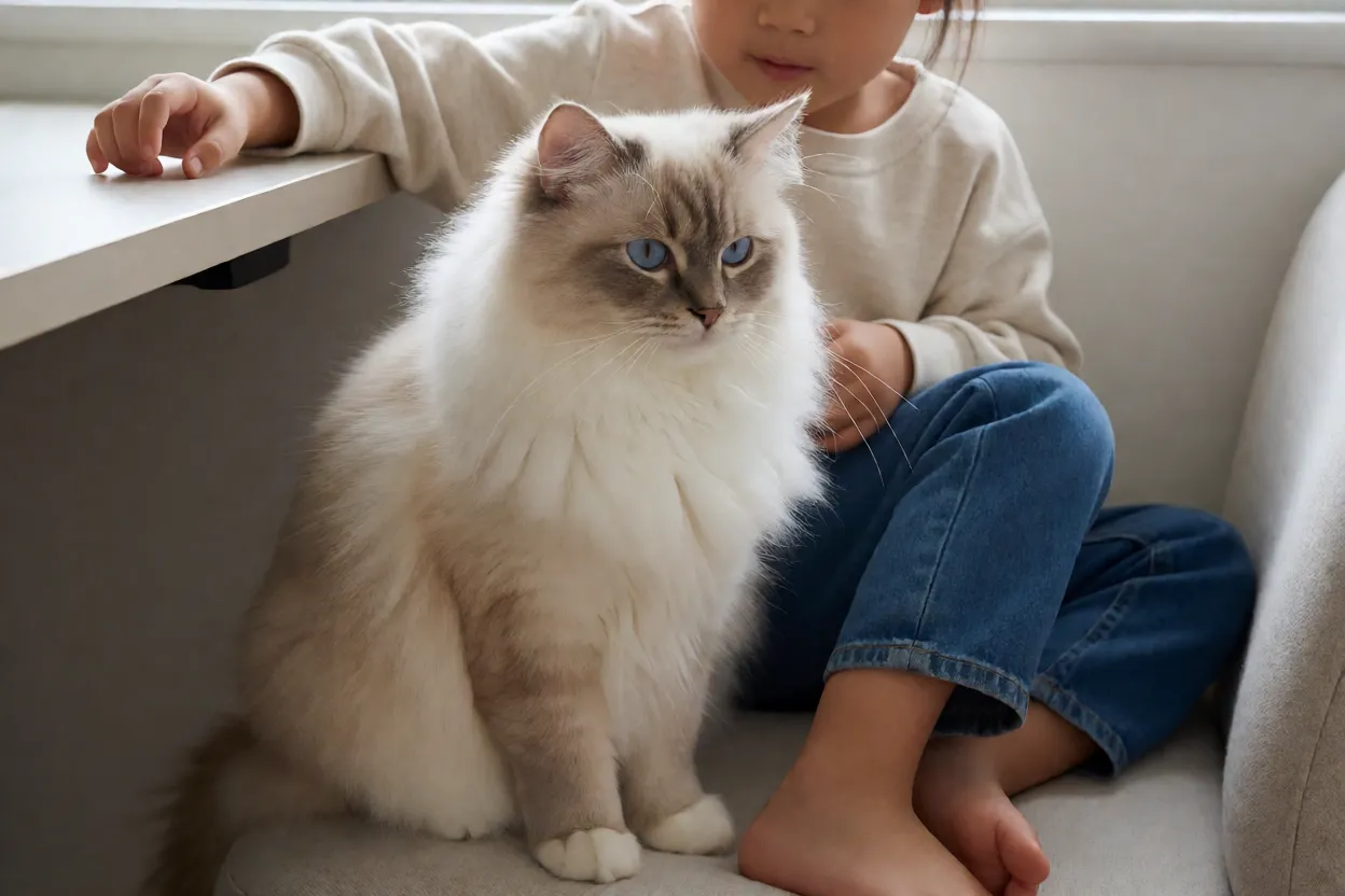 Gato Birman&ecirc;s brincando com uma crian&ccedil;a de forma gentil