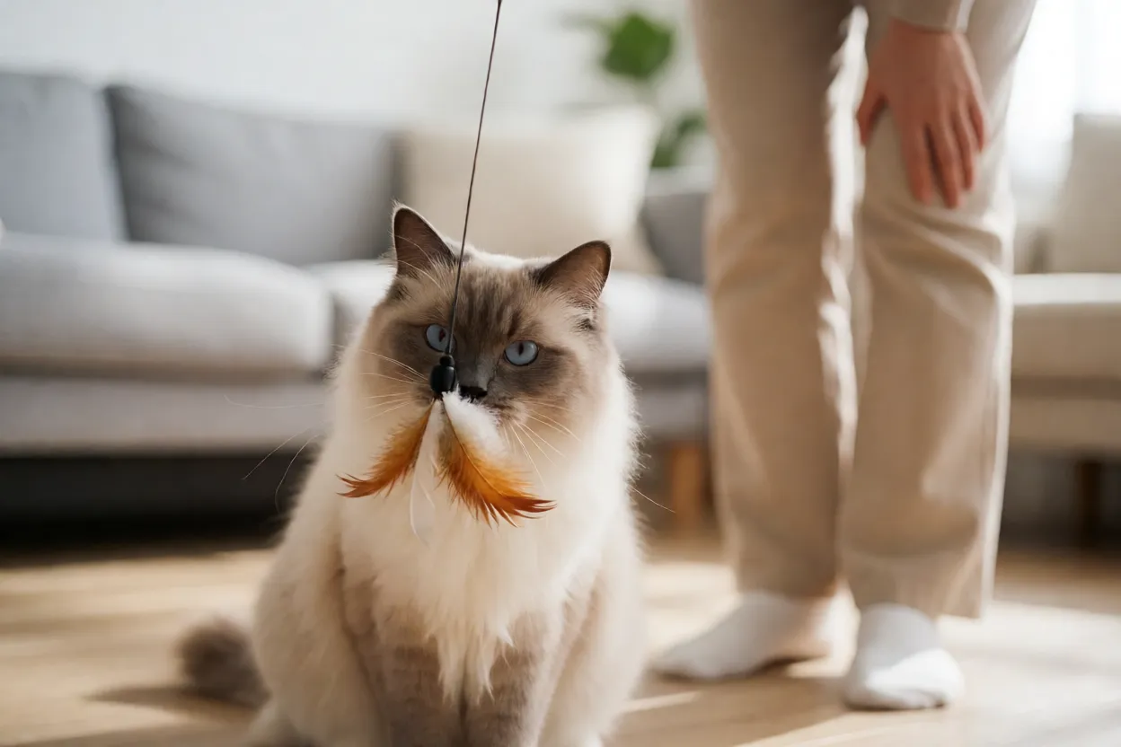 Gato Birman&ecirc;s brincando com brinquedo interativo