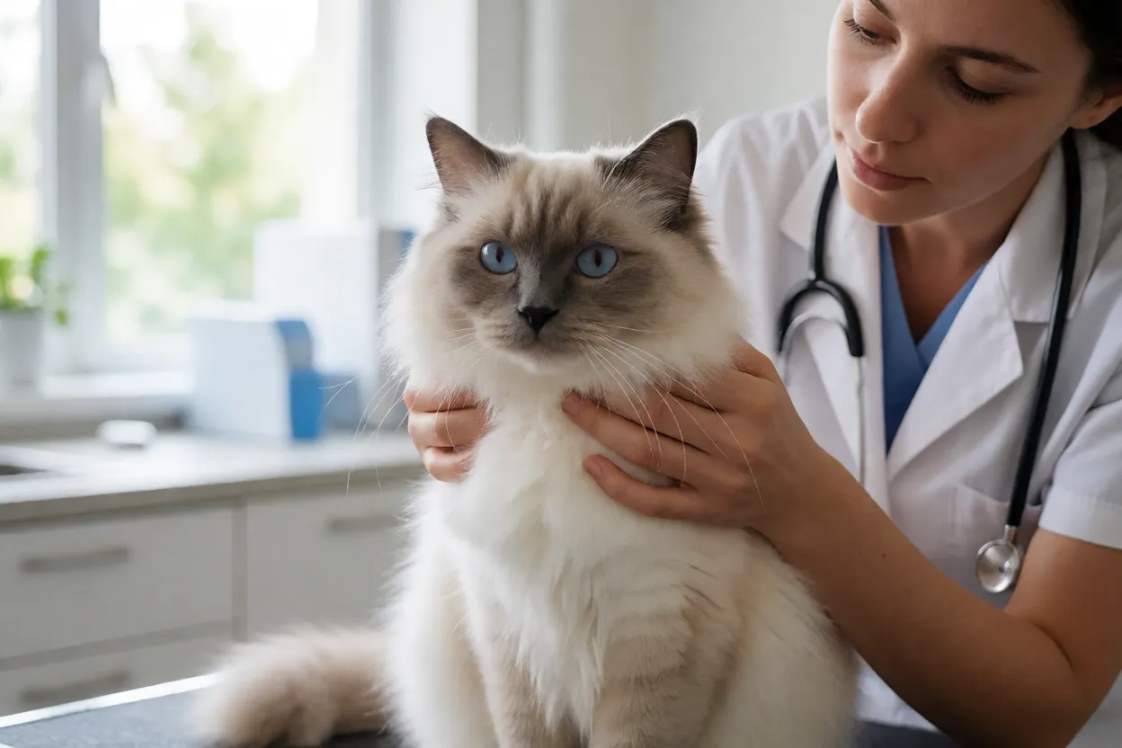 Gato Birman&ecirc;s em consulta veterin&aacute;ria calma