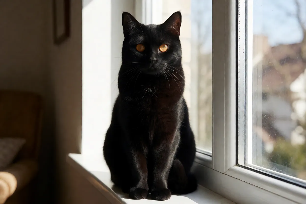 Gato Bombaim preto de olhos cobre sentado em uma janela