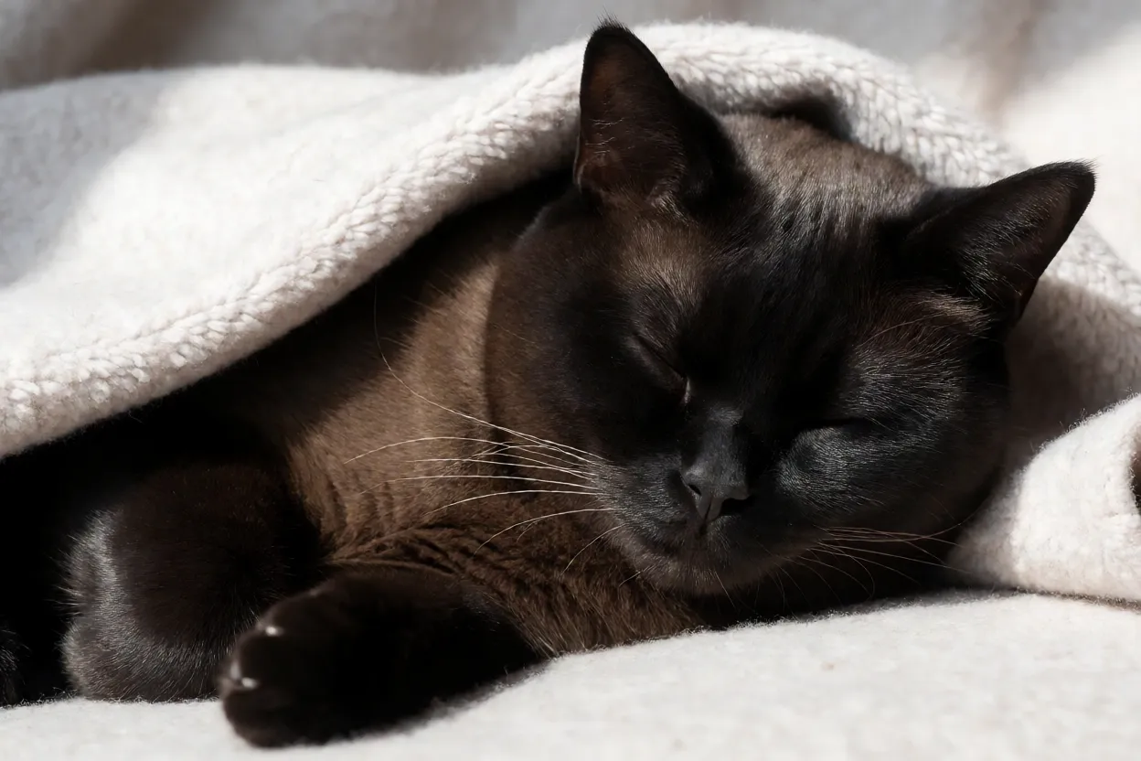 Gato Bombaim dormindo sob uma manta macia