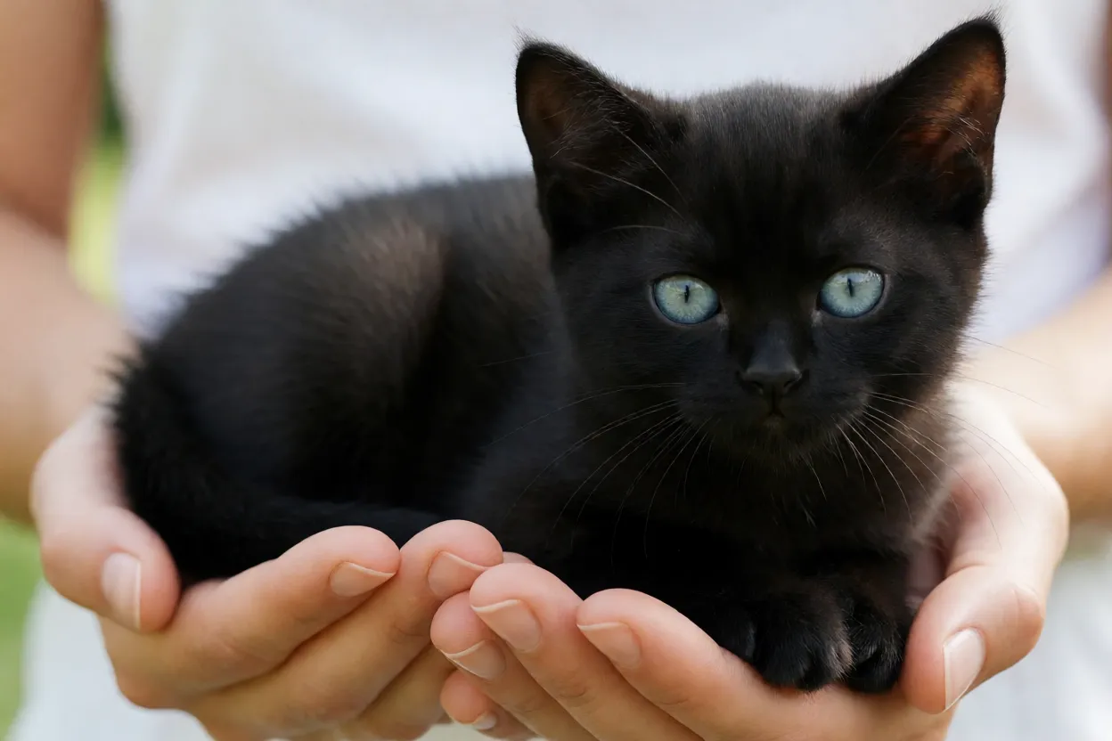 Filhote de gato Bombaim de olhos azulados no colo