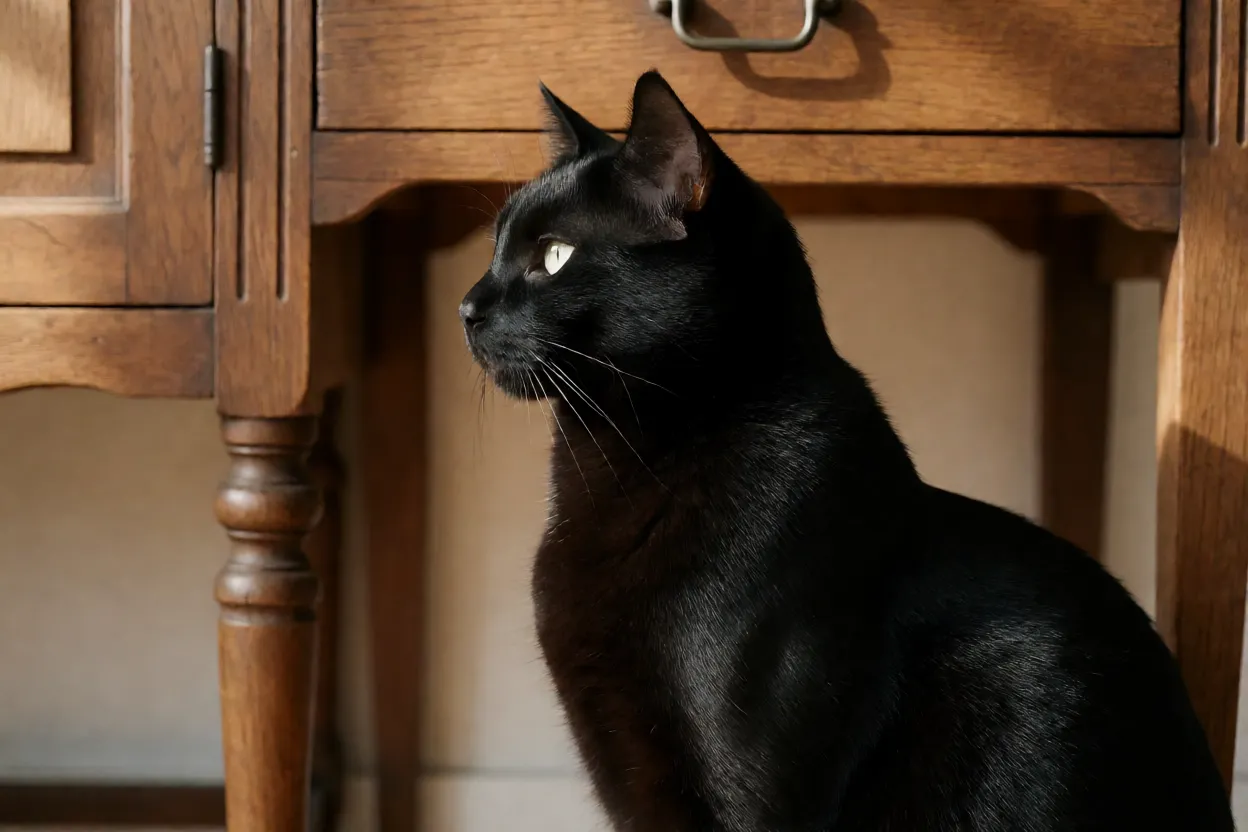 Gato Bombaim de perfil lembrando uma pantera negra em miniatura