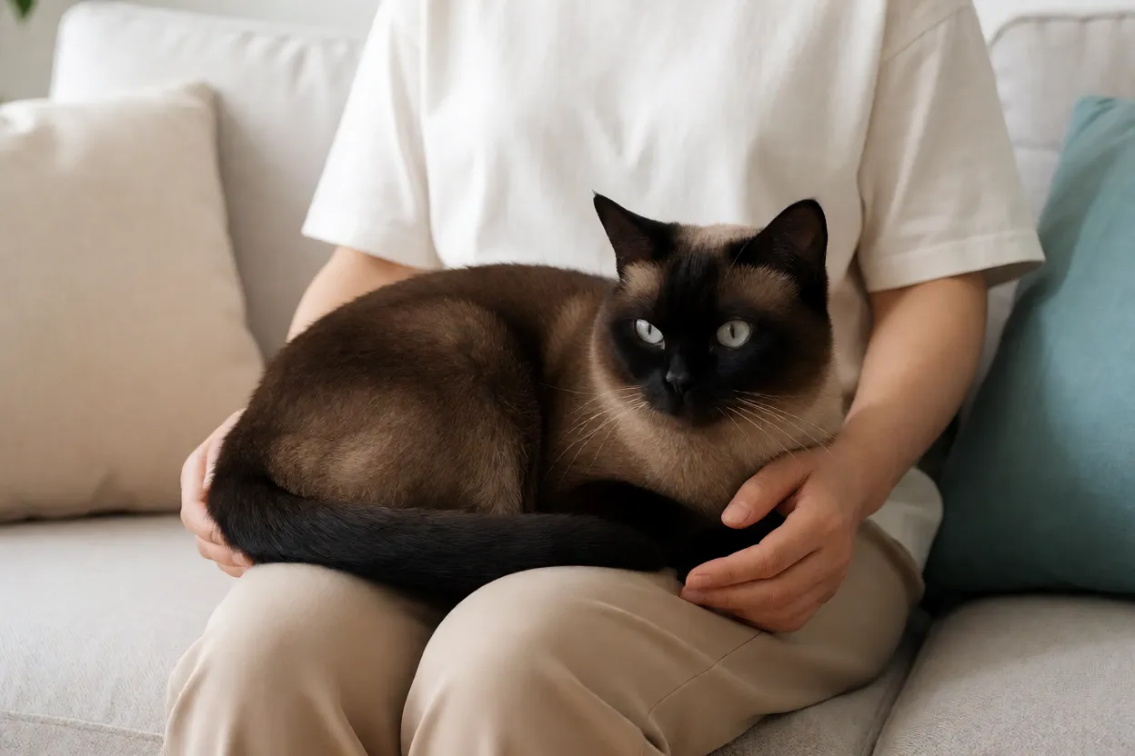 Gato Bombaim deitado no colo do tutor