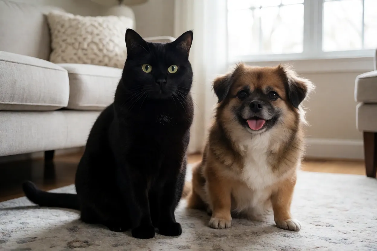 Gato Bombaim convivendo com um cachorro de pequeno porte na sala