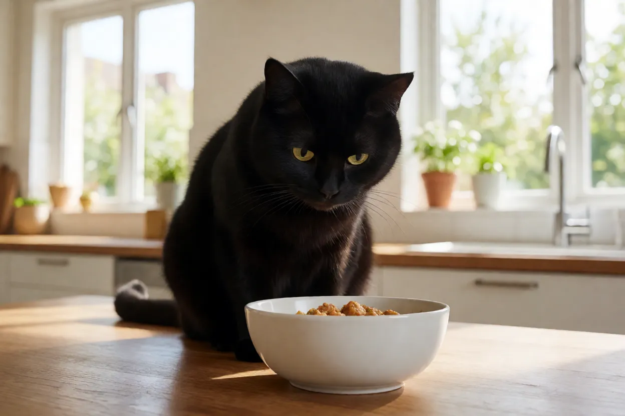 Gato Bombaim comendo ra&ccedil;&atilde;o em um comedouro de cer&acirc;mica