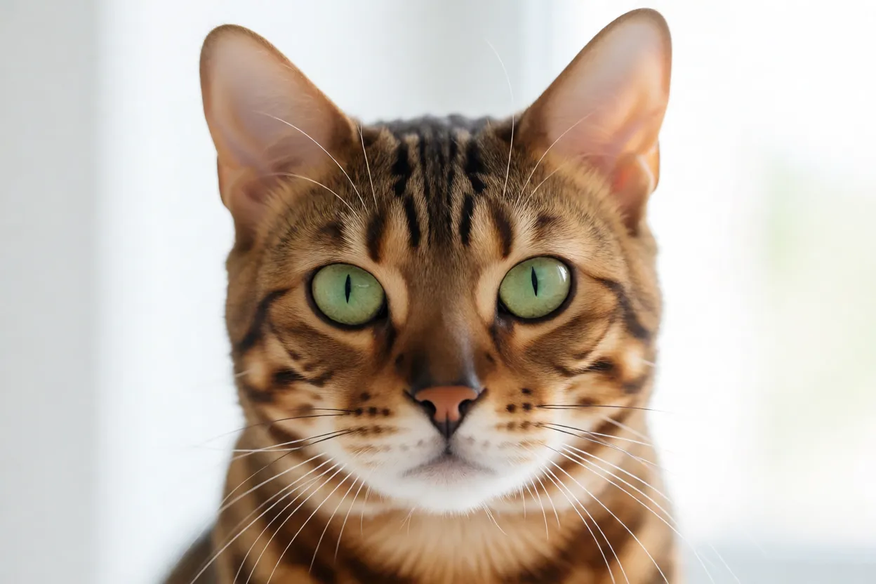 Retrato em close do rosto do Gato-de-Bengala com olhos verdes