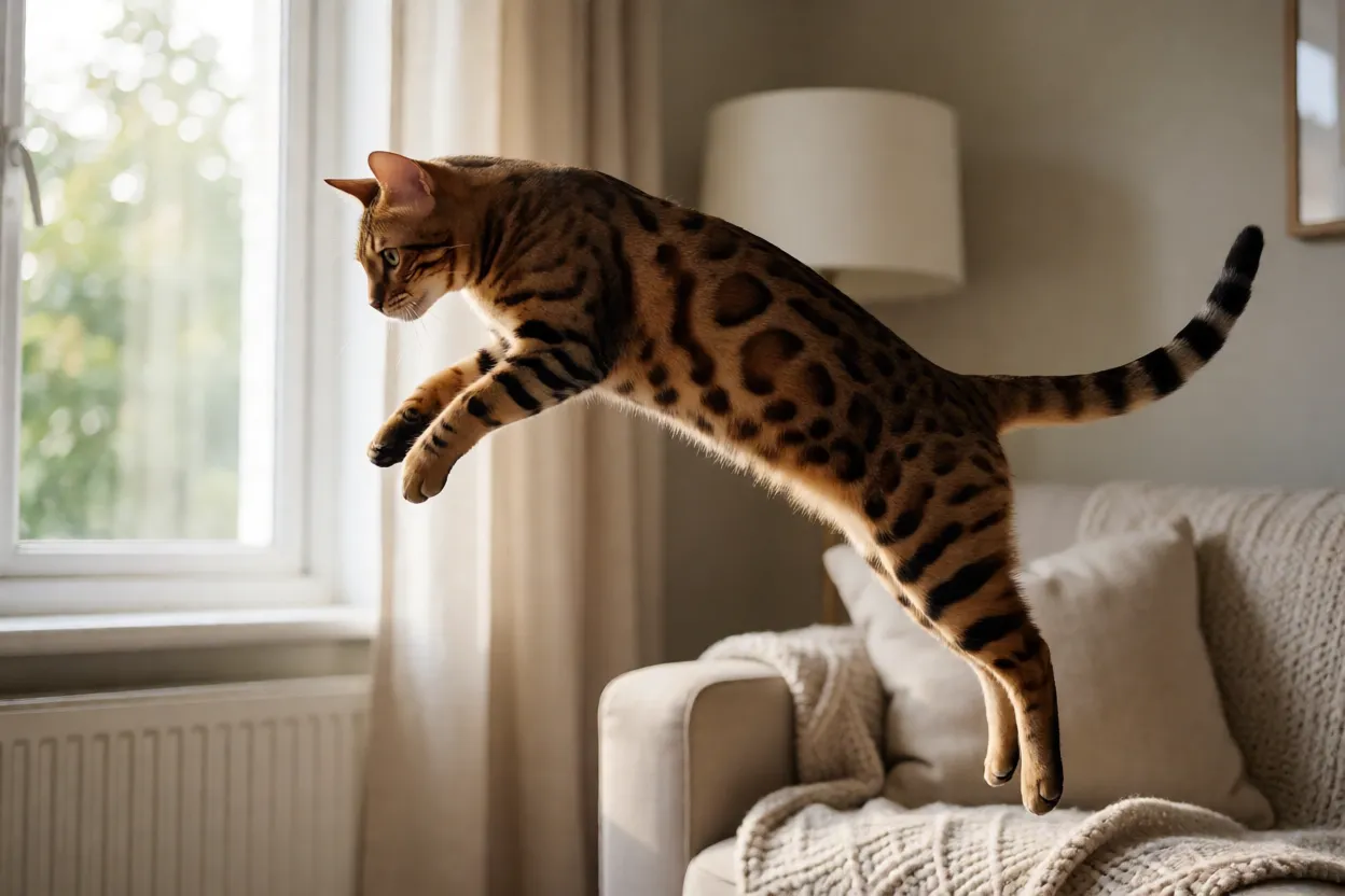 Gato-de-Bengala saltando alto dentro de casa