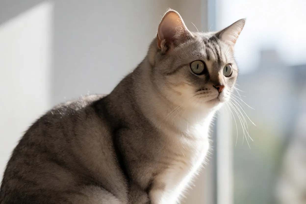 Gato de pelo curto Brasileiro de perfil mostrando corpo esguio e pelagem brilhante