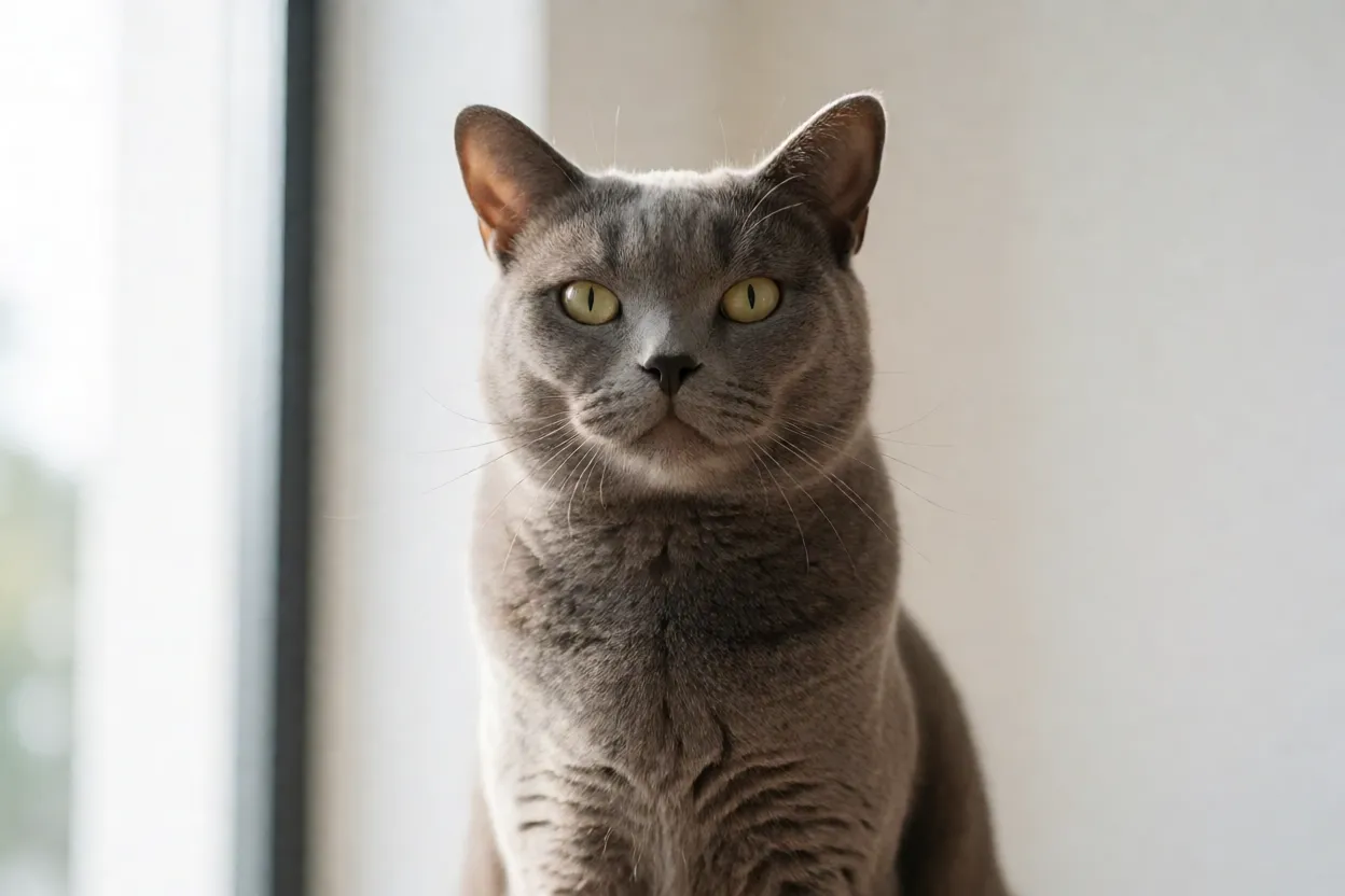 Gato de pelo curto Brasileiro olhando para a câmera com expressão confiante